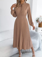 Smocked Pleated Tie Neck Dress