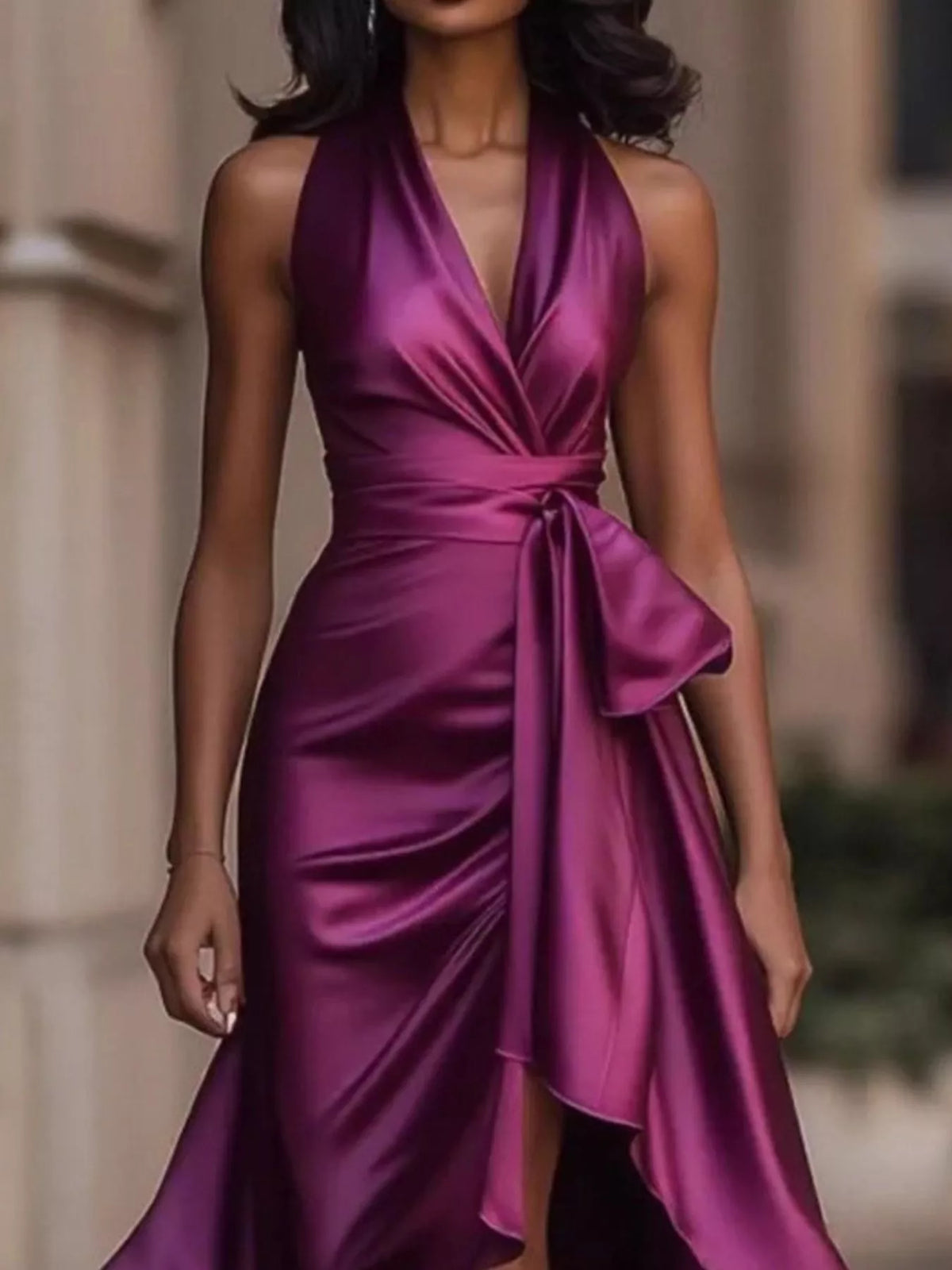 Full Size High-Low Ruffled Satin Maxi Dress Plus Size