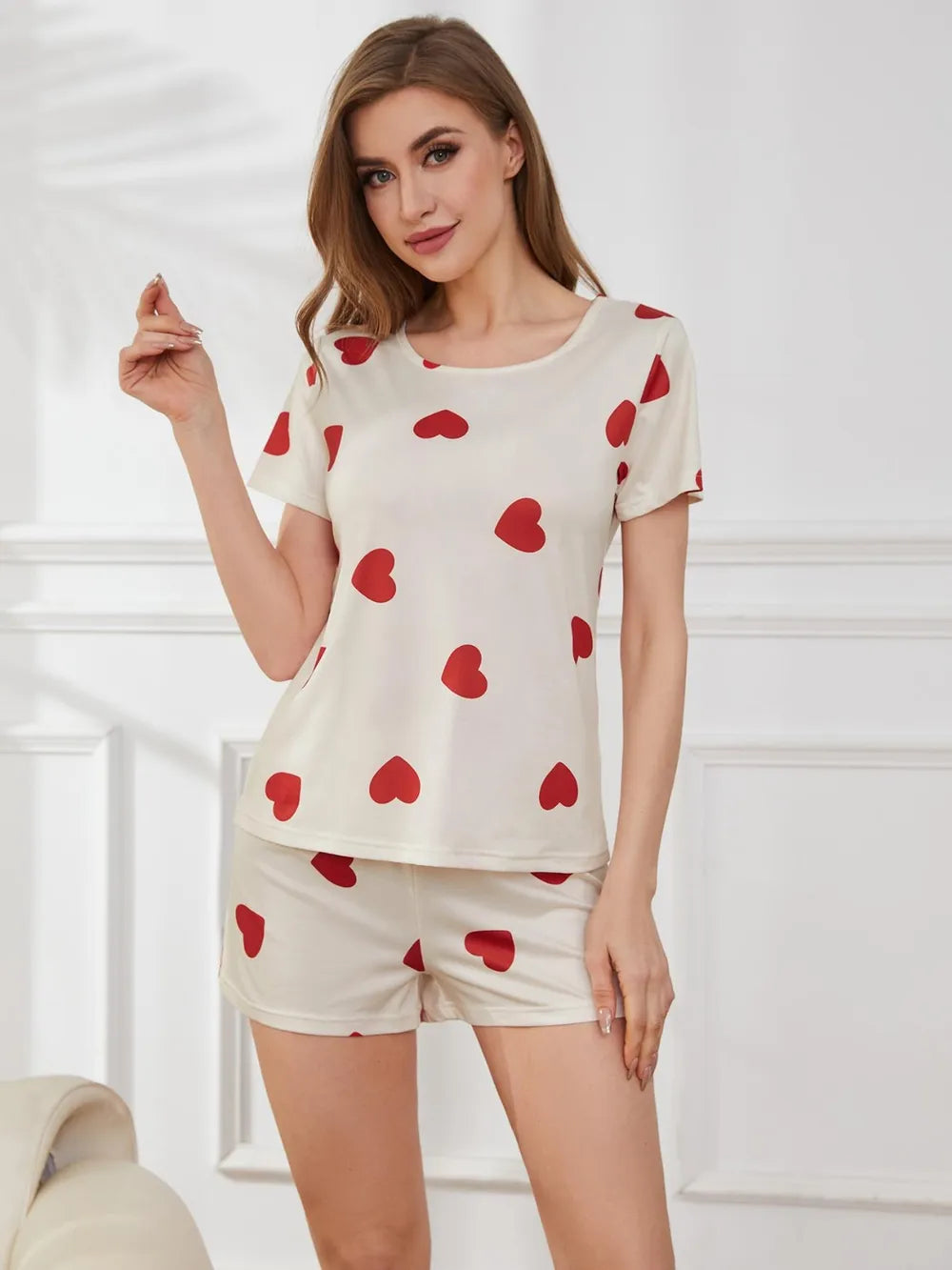 Heart Round Neck Top and Shorts Lounge Set - Ladyez