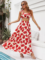 Honey Floral Tie Shoulder Top and Tiered Maxi Skirt Set - Ladyez