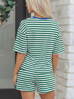 Stripe Boxy Tee and Drawstring Elastic Waist Shorts Set