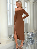 Slit One Shoulder Long Sleeve Dress - Ladyez
