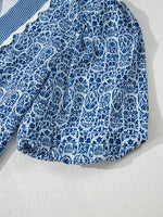 Printed Contrast Ric-Rac Puff Sleeve Top - Ladyez