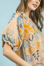 Umgee Border Print Puff Sleeve V-Neck Blouse