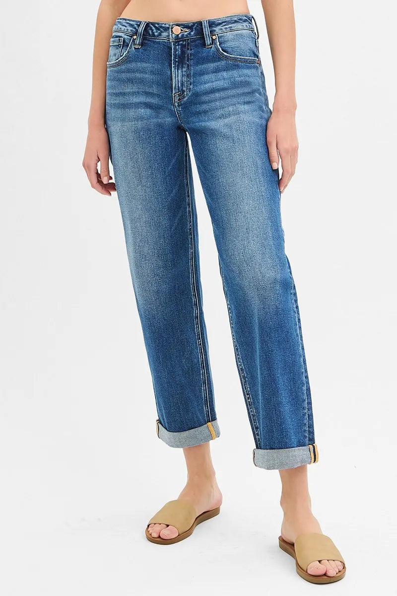 RISEN Full Size Mid Rise Boyfriend Roll Up Jeans Plus Size - Ladyez
