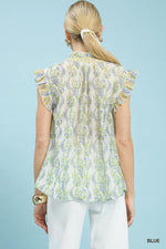Umgee Floral Print Flutter Sleeve Split Neck Top
