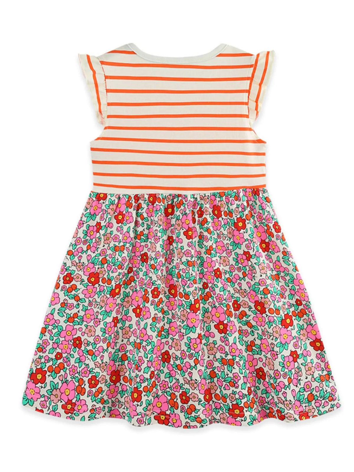 Children's Striped Floral Print Ruffle Sleeve Dress