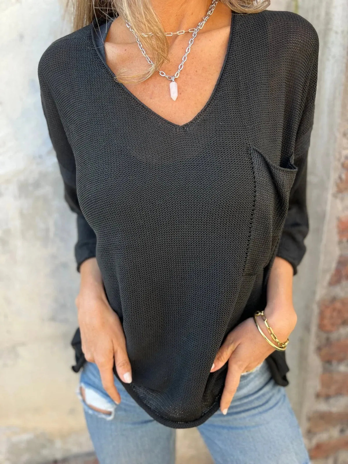 Full Size Casual V-Neck Knit Sweater Plus Size