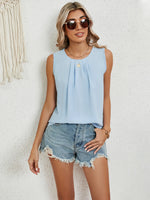 Round Neck Sleeveless Top with Pleated Front Detail - Ladyez