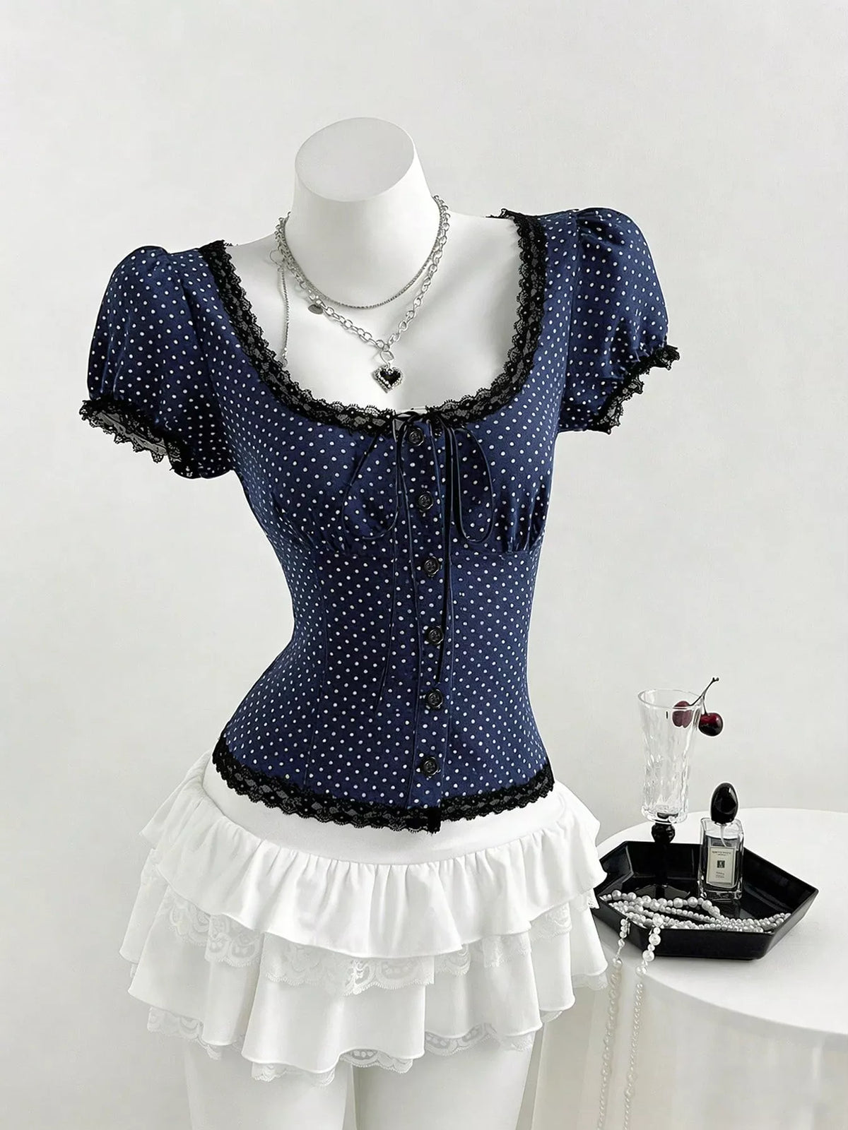 Polka Dot Lace Trim Puff Sleeve Top