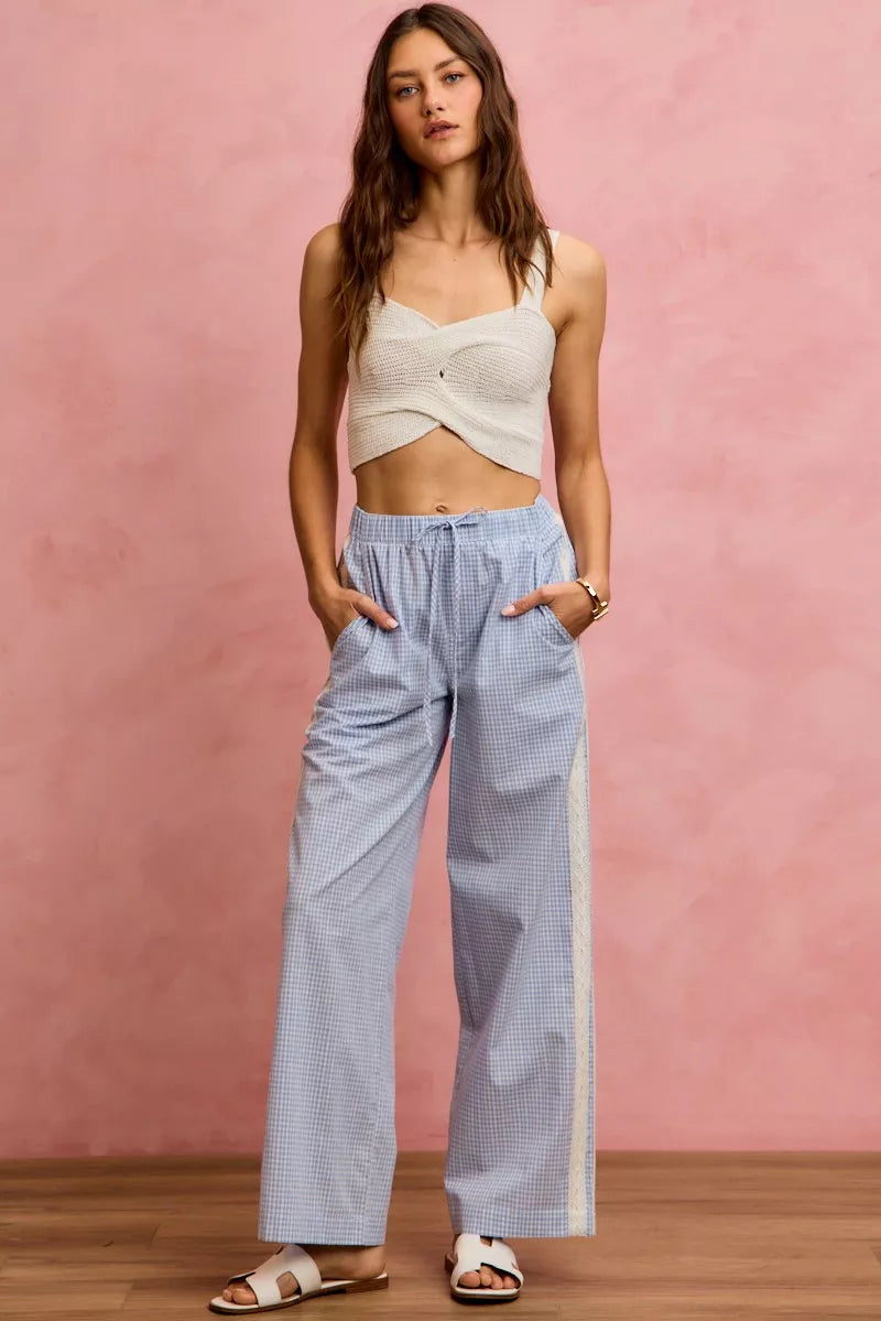 SO ME Wide CheckPants With Side Lace Trim And Piping