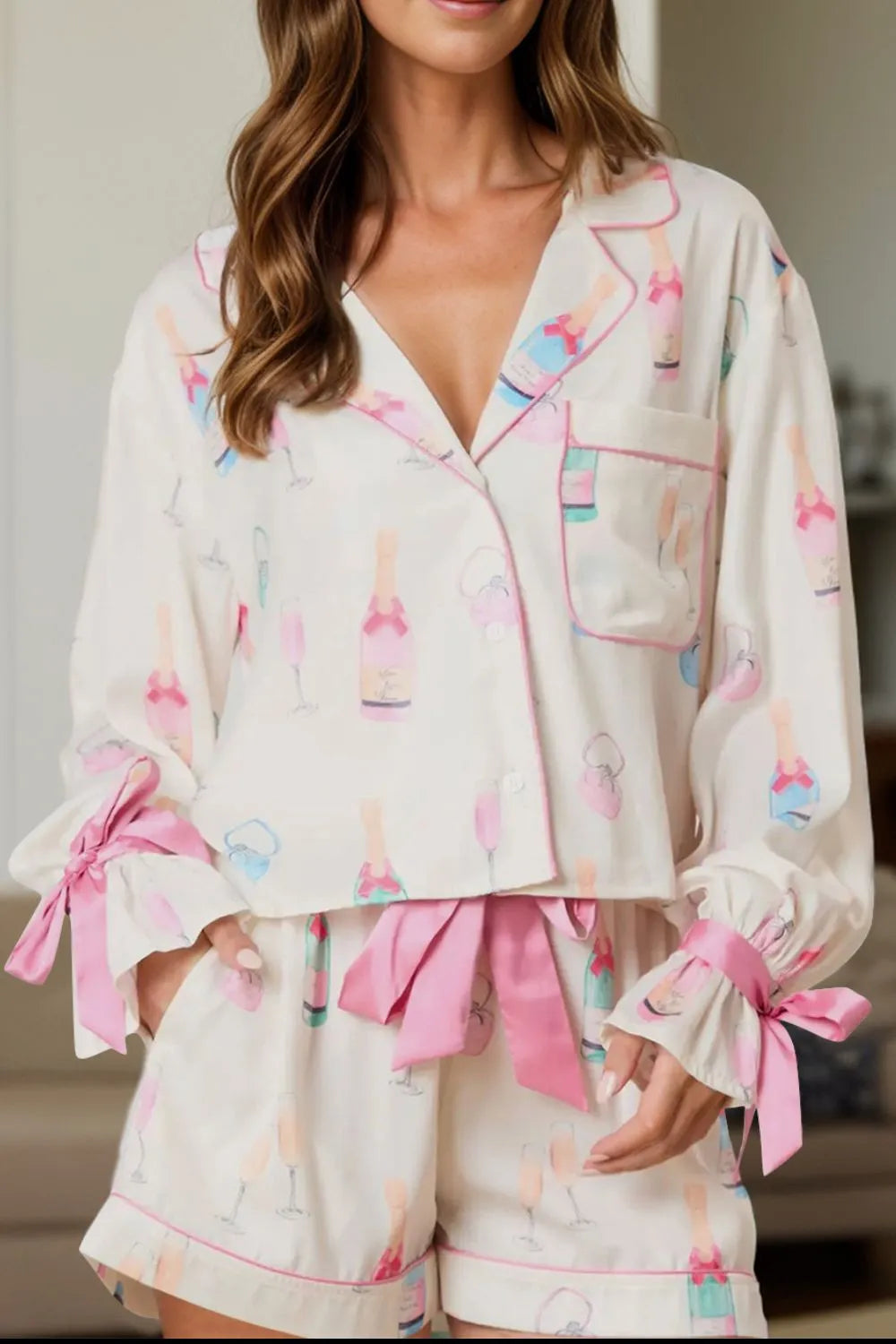 Bow Printed Collared Neck Top and Drawstring Shorts Lounge Set - Ladyez