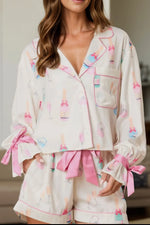 Bow Printed Collared Neck Top and Drawstring Shorts Lounge Set - Ladyez