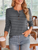 Lovelet Quarter Button Striped Round Neck Long Sleeve T-Shirt - Ladyez