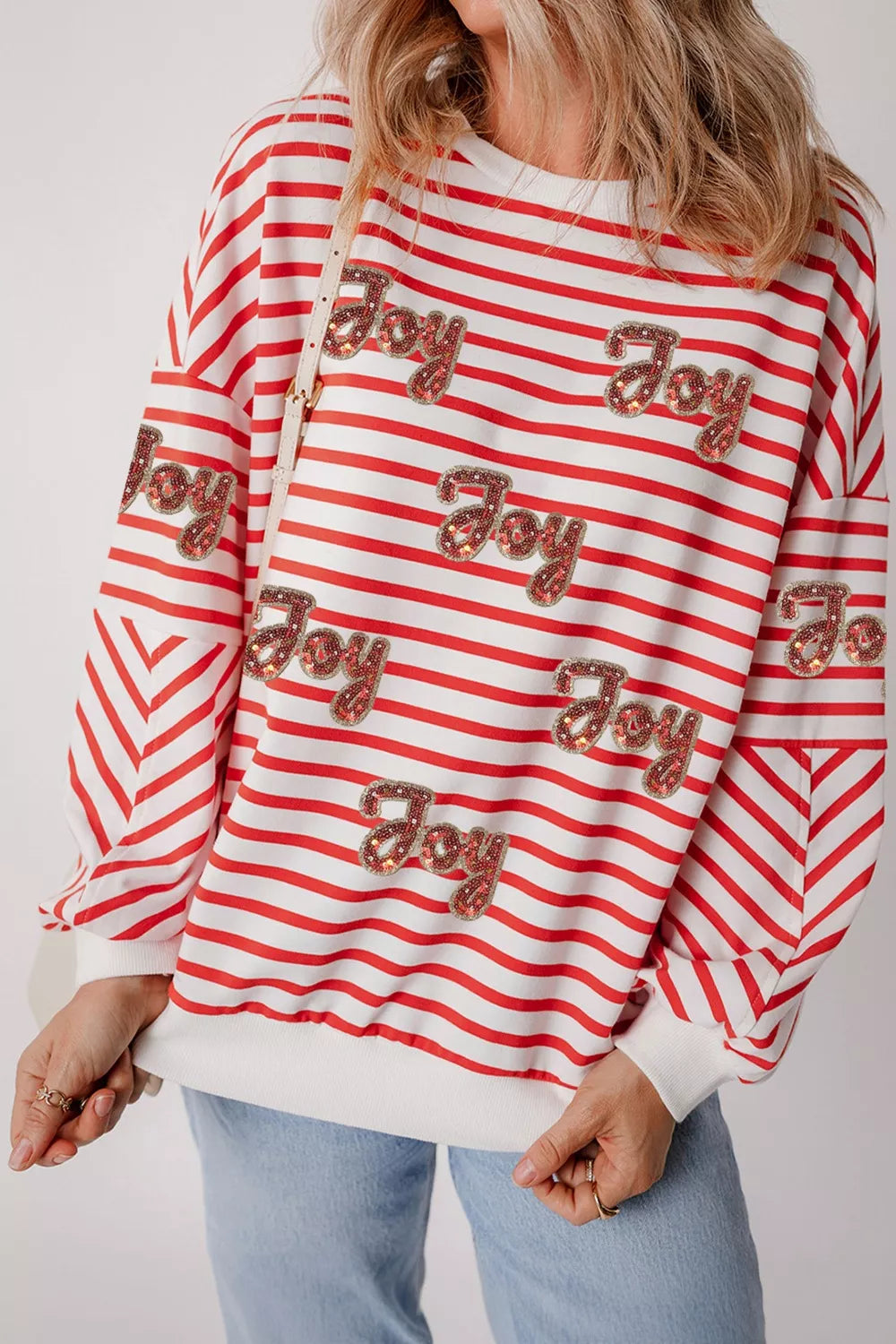 Stripe Sequined Joy Pattern Patchwork Sleeve Round Neck Sweatshirt