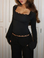 Lace Trim Square Neck Long Sleeve Top