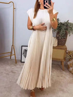 Full Size Pleated Round Neck Maxi Dress Plus Size - Ladyez