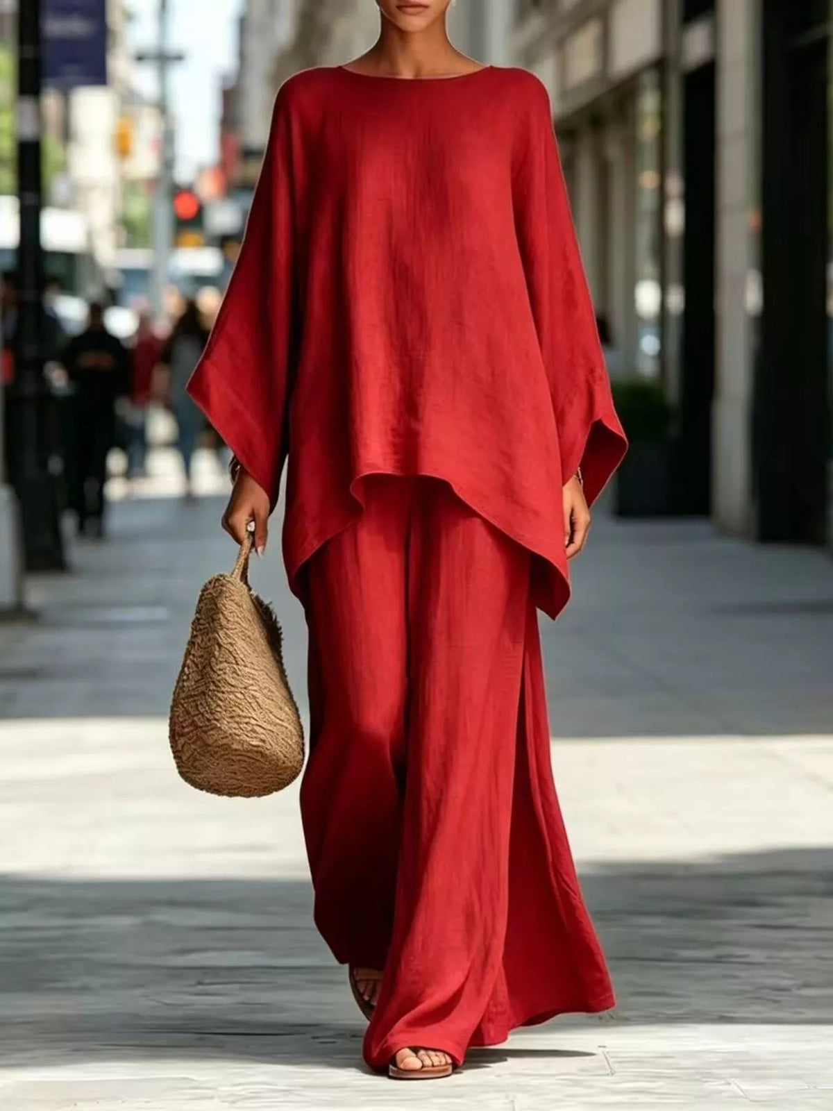 Full Size Batwing Sleeve Top and Wide-Leg Pants Set Plus Size