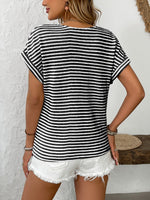 Striped V-Neck Short Sleeve T-Shirt - Ladyez