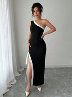 Slit Contrast Trim One-Shoulder Dress - Ladyez