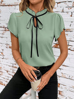 Tie Neck Short Sleeve Blouse