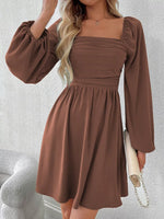Ruched Square Neck Long Sleeve A-Line Dress