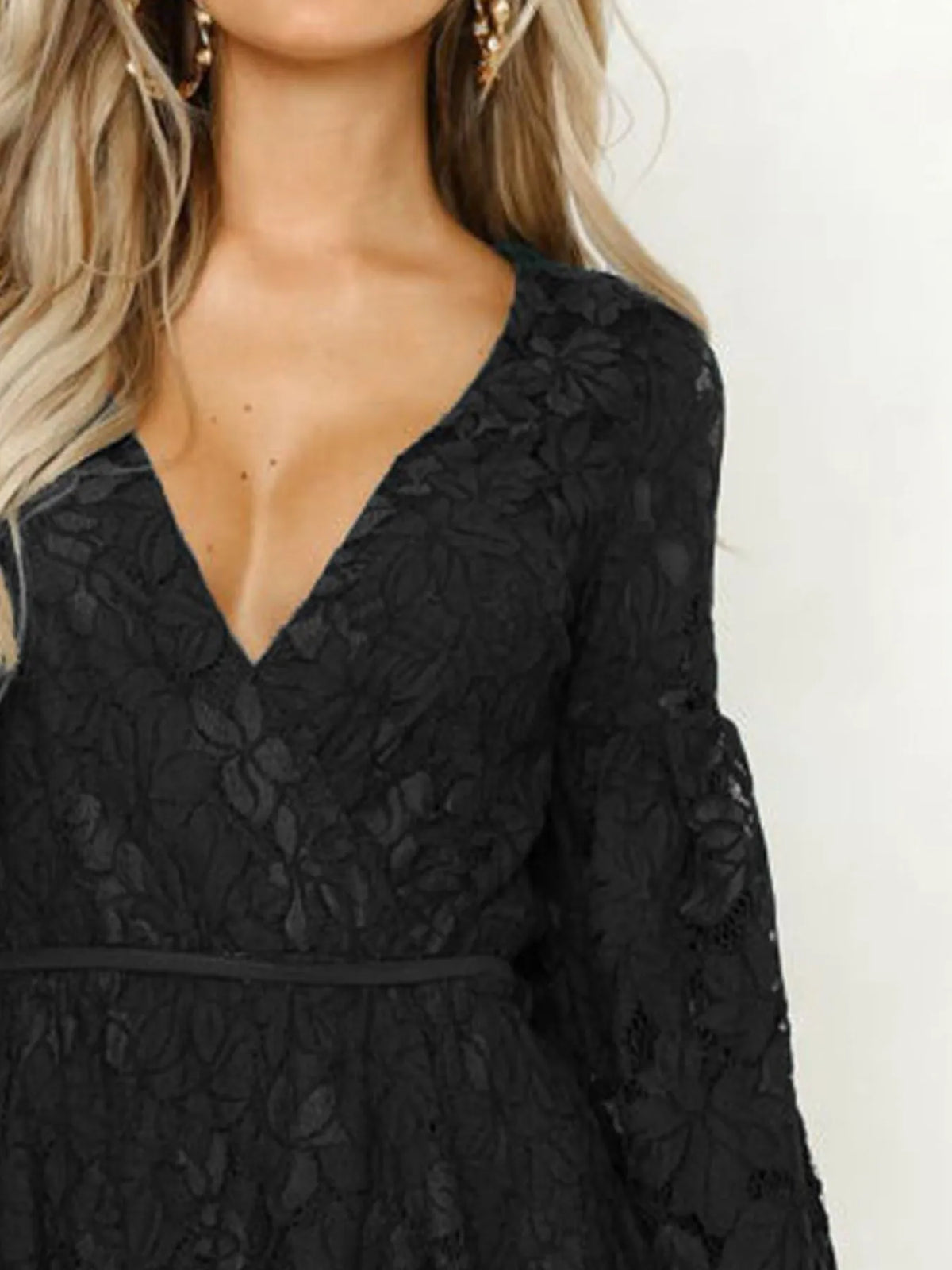 Lace V-Neck Long Sleeve Mini Dress - Ladyez