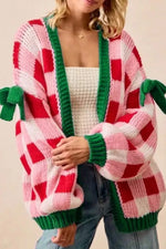 Checkered Bow-Tie Sleeve Knit Christmas Cardigan
