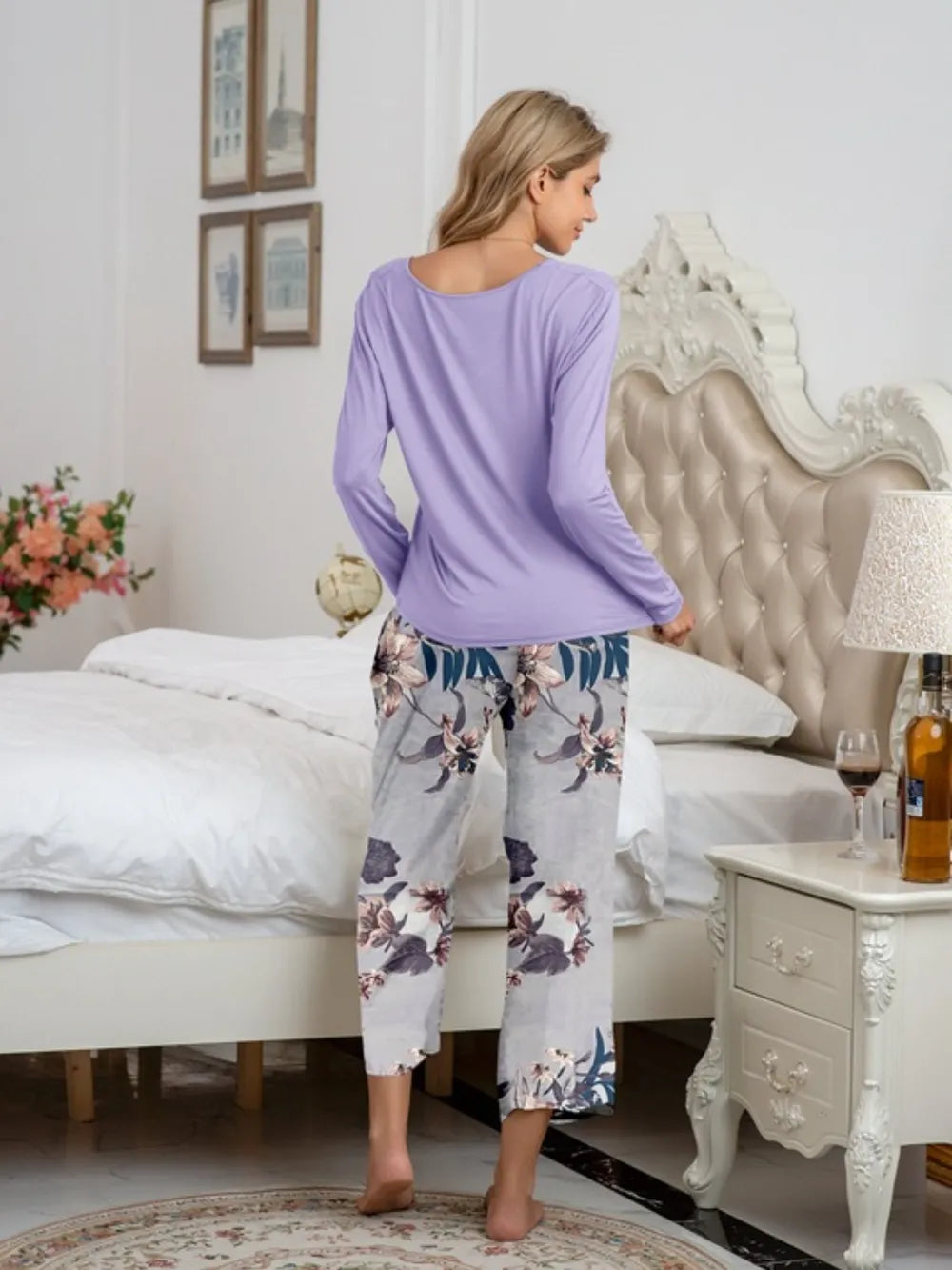 Round Neck Top and Printed Pants Lounge Set - Ladyez