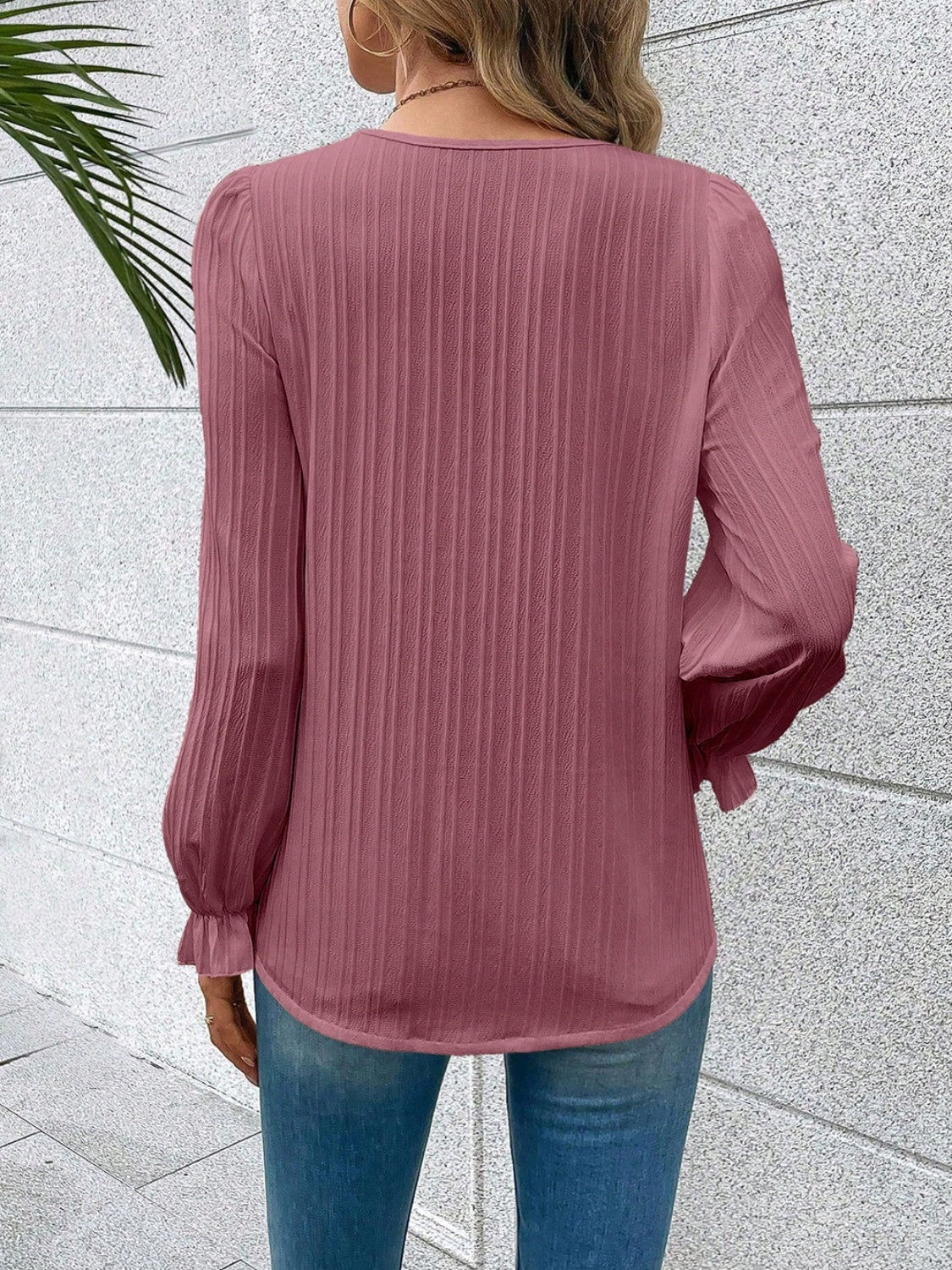 V-Neck Lace Detail Flounce Sleeve Blouse - Ladyez