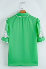 Floral Ric Rac Edge Puff Sleeve Button Up Summer Shirt