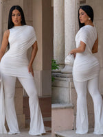 Ruched One-Shoulder Flare Leg Jumpsuit