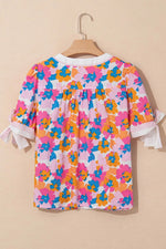 Floral Striped Edge V Neck Knotted Short Sleeve Blouse