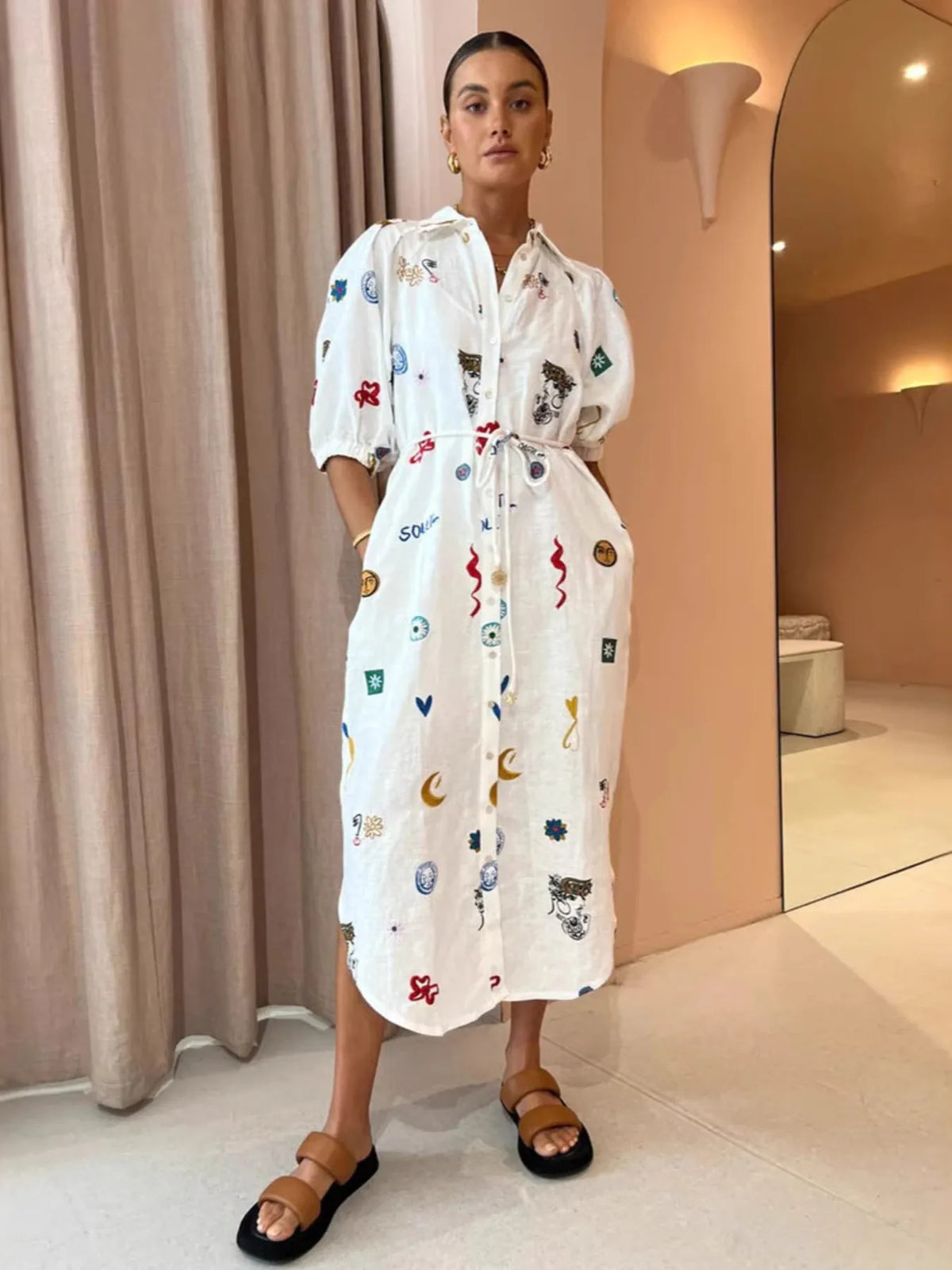 Printed Button Up Midi Shirt Dress