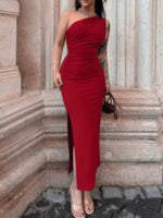 One-Shoulder Ruched Bodycon Slit Dress