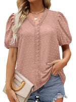 Puff Sleeve Swiss Dot Lace Trim Blouse