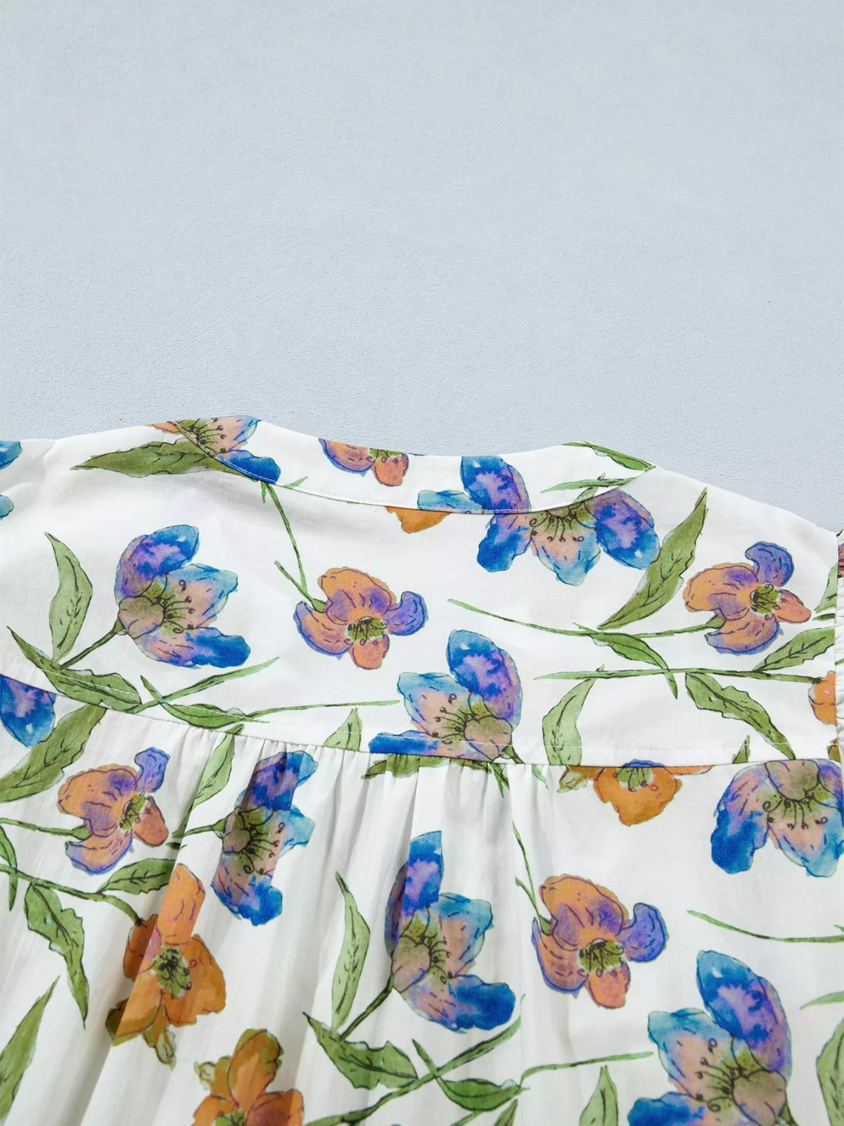 Floral Print Ruffle V-Neck Pressed Pleats Binding Tape Cotton Blouse