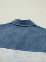 Color Block Denim Patchwork Button Polo Collar Short Sleeve Top