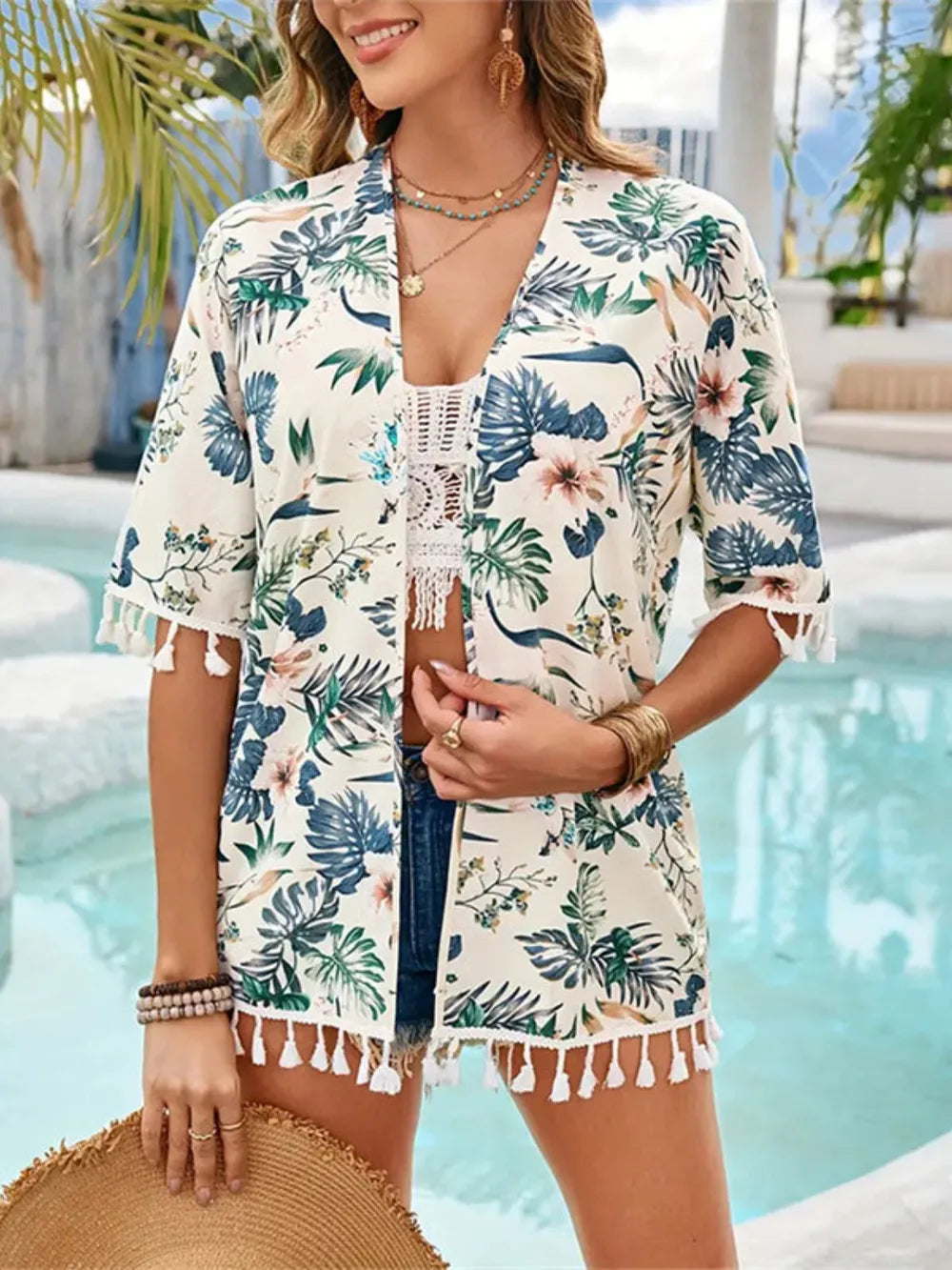 Tassel Printed Open Front Half Sleeve Cover-Up - Ladyez