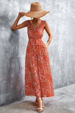 Printed V-Neck Tie Waist Maxi Dress - Ladyez