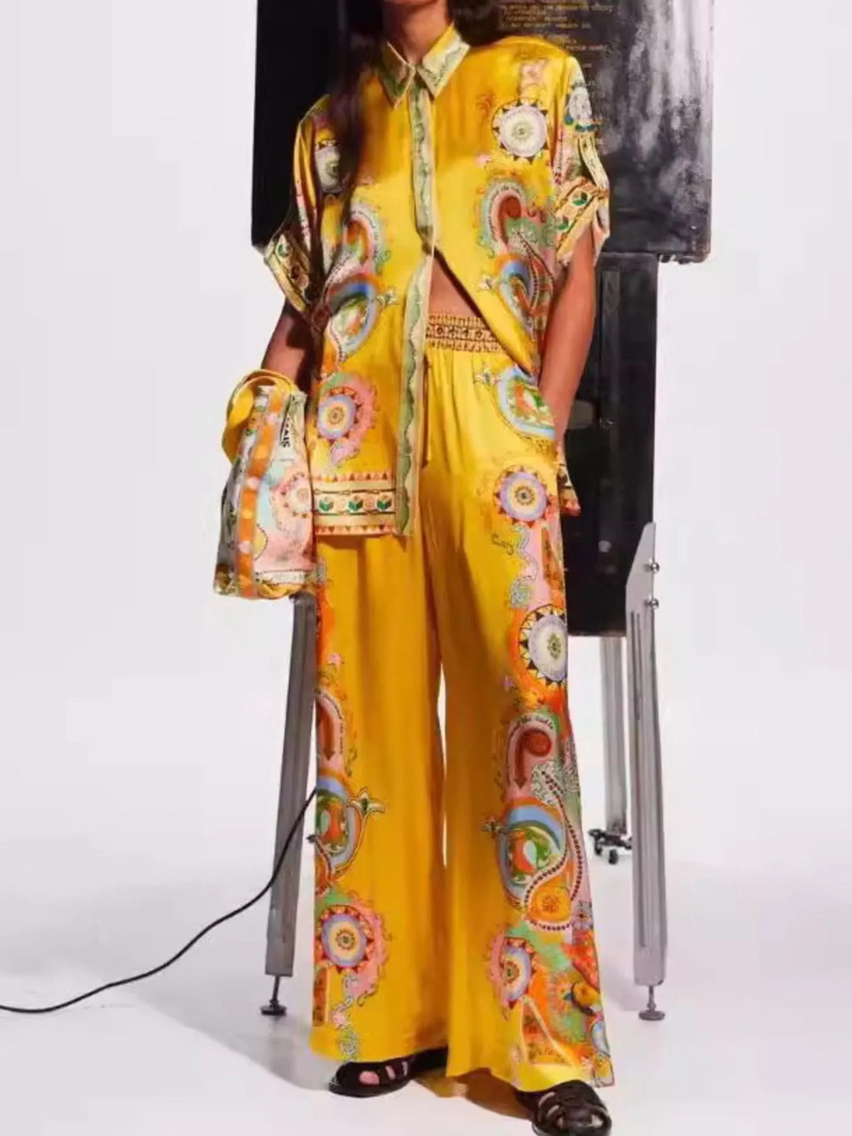 Printed Button Up Shirt and Pants Set