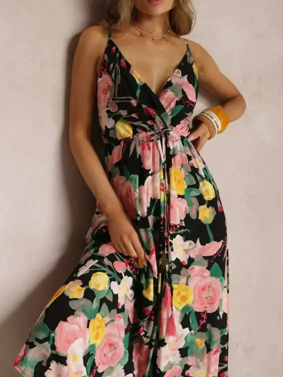 Floral Print Surplice Spaghetti Strap Maxi Dress - Ladyez