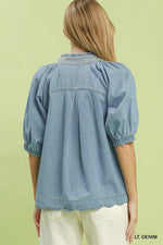 Umgee Textured Puff Sleeve Scallop Hem Blouse