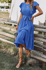 Ruffled Sleeve Tie Waist Midi Dress