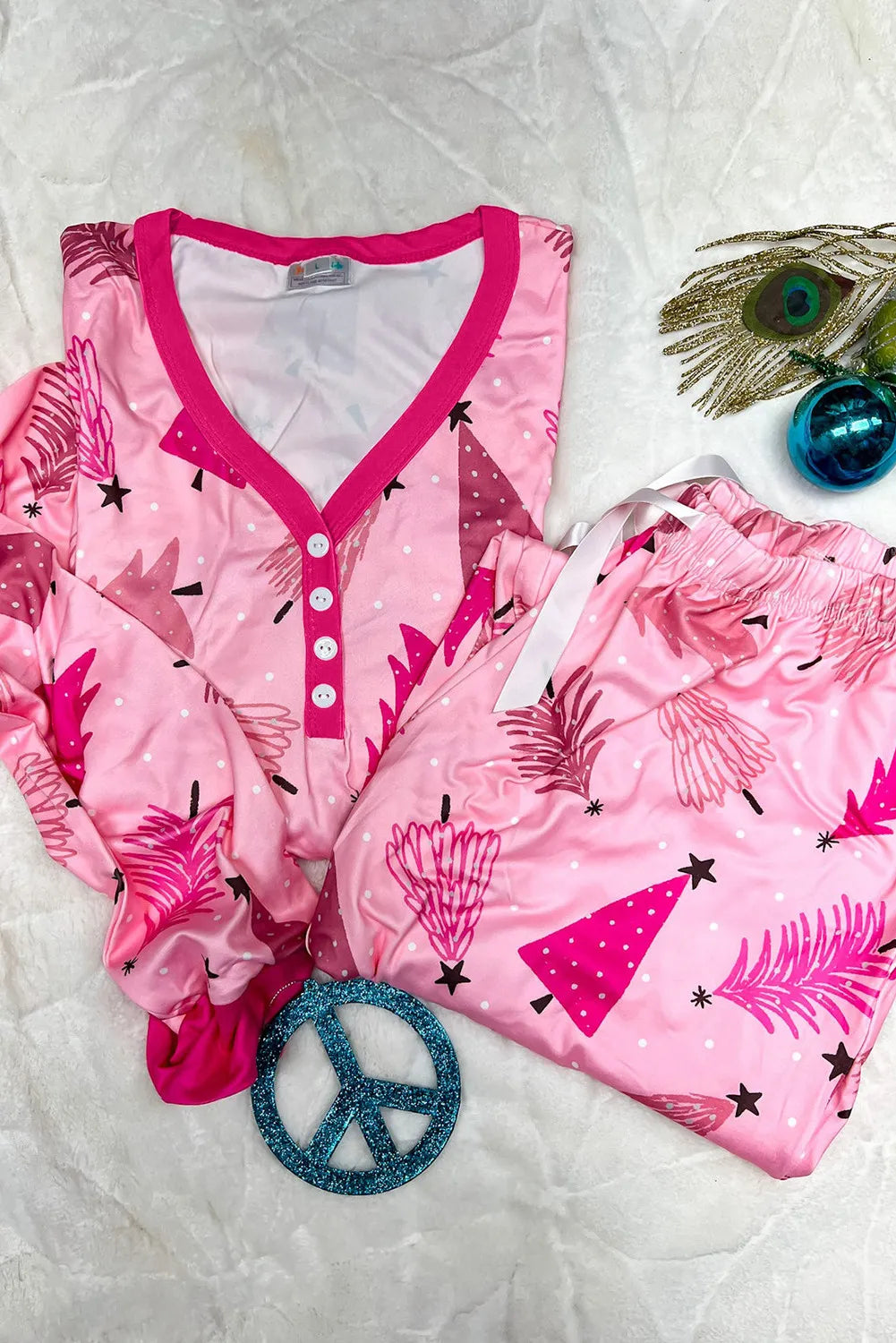 Printed V-Neck Long Sleeve Top and Pants Lounge Set - Ladyez