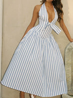 Striped Halter Neck Midi Dress with Tie Front Detail - Ladyez