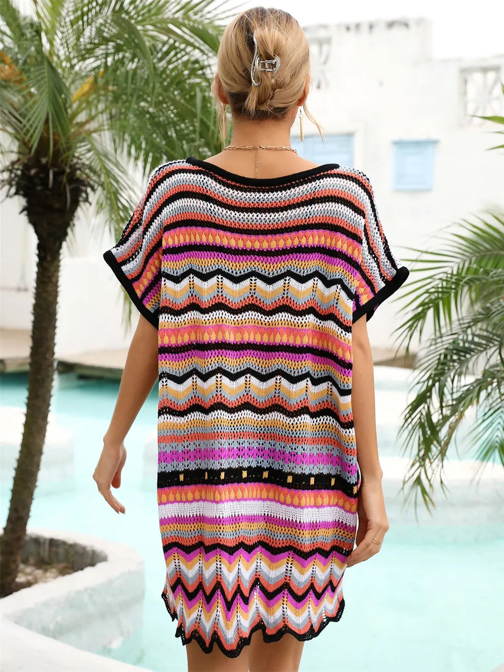 Angel Wings Rainbow Stripe Scalloped V-Neck Cover-Up Dress - Ladyez