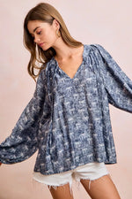 BiBi Ribbon Bow Print Exaggerated Balloon Sleeves Top