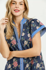 Umgee Floral Contrast Trim Ruffle Hem Mini Dress