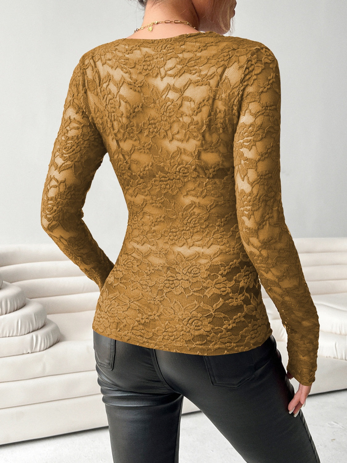 V-Neck Long Sleeve Lace Top - Ladyez